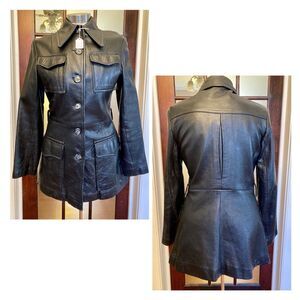 Early 1970s Glam Mod Hippie Leather Jacket Coat Dress Dagger Collar Drop Waist
